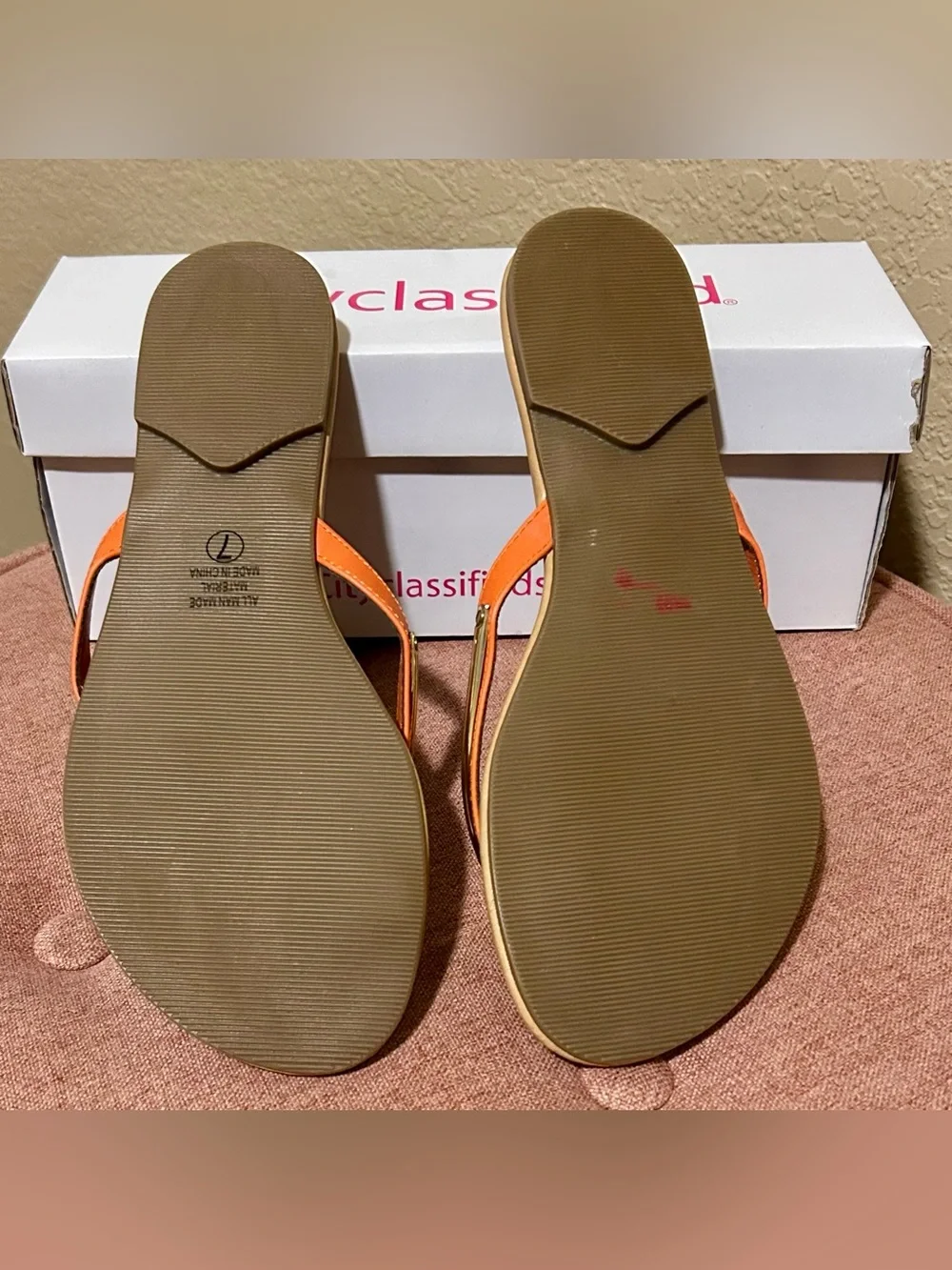 Cityclassified Orange Leather Thong Sandals with Gold Accents